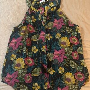 Rose & Olive Floral Sleeveless Blouse - Black, Pink, Yellow With Tassel Tie Neck